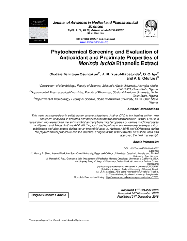 (PDF) Phytochemical Screening and Evaluation of Antioxidant and ...