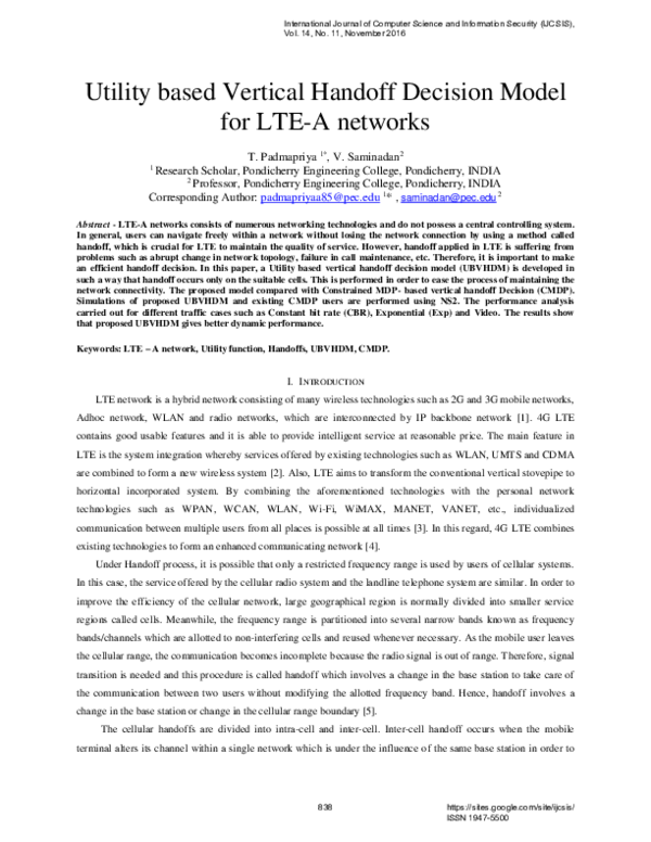 (PDF) Utility based Vertical Handoff Decision Model for LTE-A networks
