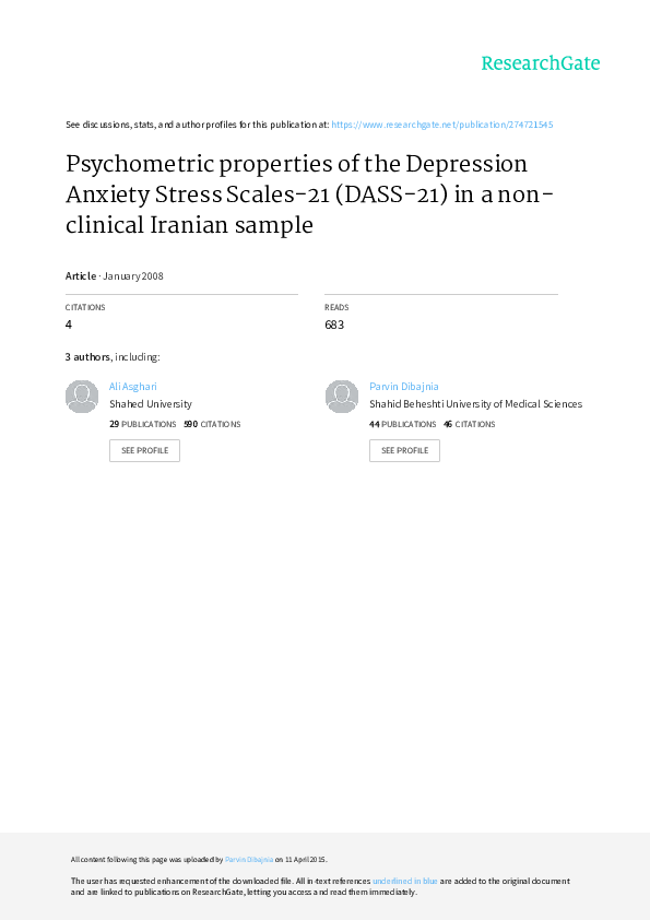 (PDF) Psychometric properties of the Depression Anxiety Stress Scales ...