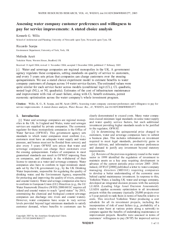 (PDF) Assessing water company customer preferences and willingness to