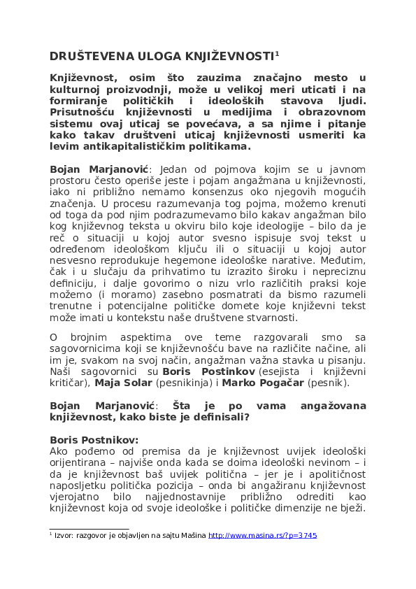 (DOC) DRUŠTVENA ULOGA KNJIŽEVNOSTI (Boris Postnikov, Marko Pogačar ...