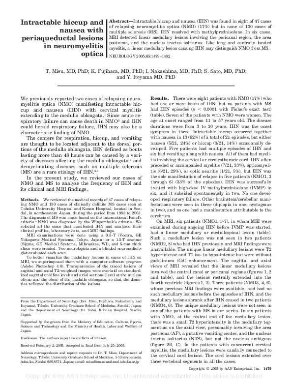 (PDF) Intractable hiccup and nausea with periaqueductal lesions in