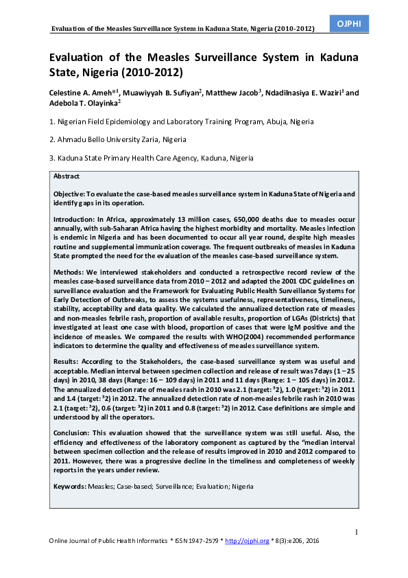 (PDF) Evaluation of the Measles Surveillance System in Kaduna State
