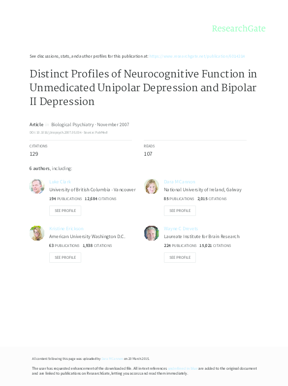 (PDF) Distinct profiles of neurocognitive function in unmedicated ...