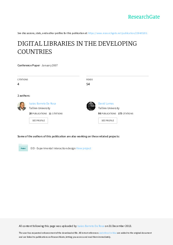 (PDF) DIGITAL LIBRARIES IN THE DEVELOPING COUNTRIES David Lamas