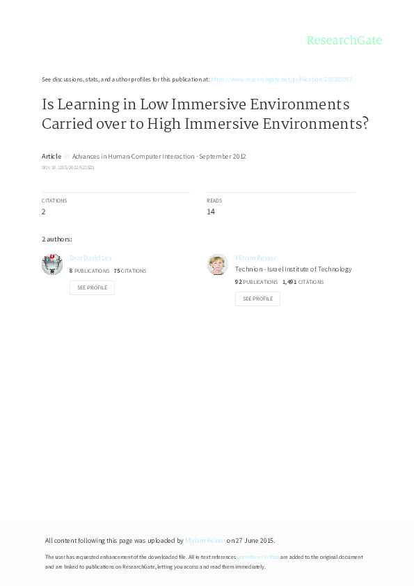 (PDF) Is Learning in Low Immersive Environments Carried over to High ...