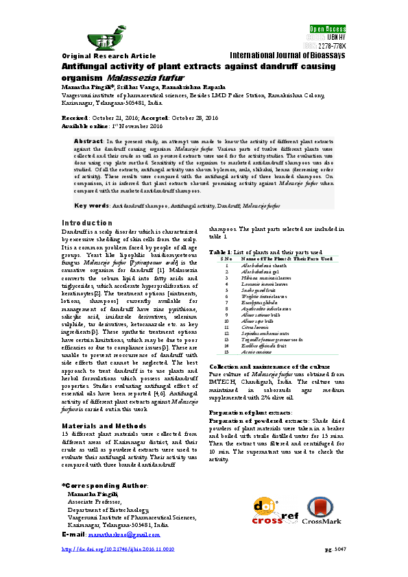 (PDF) Antifungal activity of plant extracts against dandruff causing