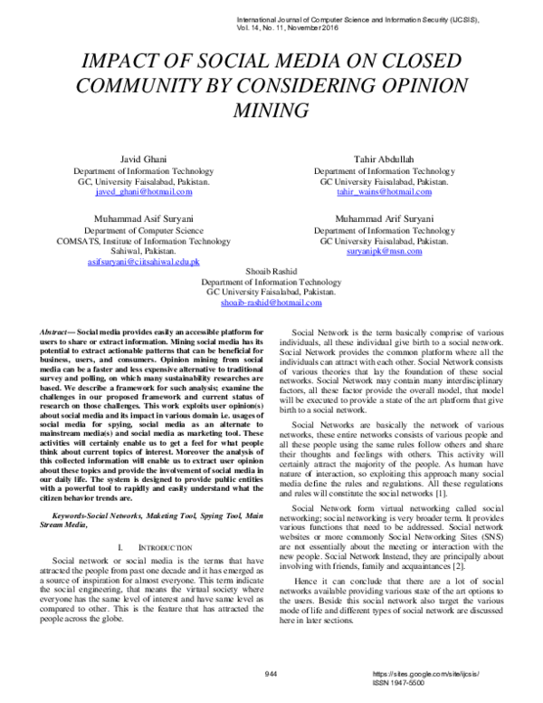 Pdf Impact Of Social Media On Closed Community By Considering Opinion Mining Journal Of Computer Science Ijcsis Javid Ghani Muhammad Suryani Muhammad Suryani And Shoaib Rashid Academia Edu