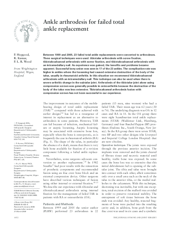 (PDF) Ankle arthrodesis for failed total ankle replacement