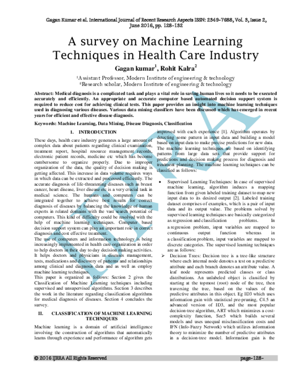 (PDF) A survey on Machine Learning Techniques in Health Care Industry