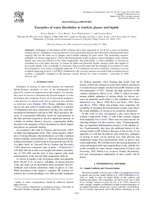 (PDF) Energetics of water dissolution in trachyte glasses and liquids