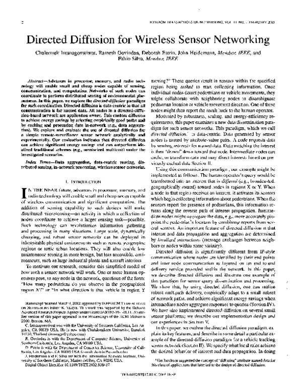 (PDF) Directed Diffusion for Wireless Sensor Networking