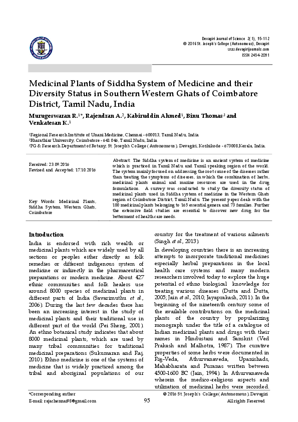(PDF) Medicinal Plants of Siddha System of Medicine and their Diversity