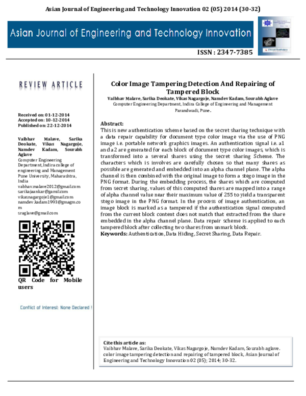 (PDF) Color Image Tampering Detection And Repairing of Tampered Block ...