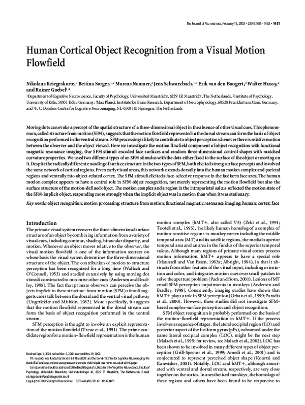 (PDF) Human cortical object recognition from a visual motion flowfield
