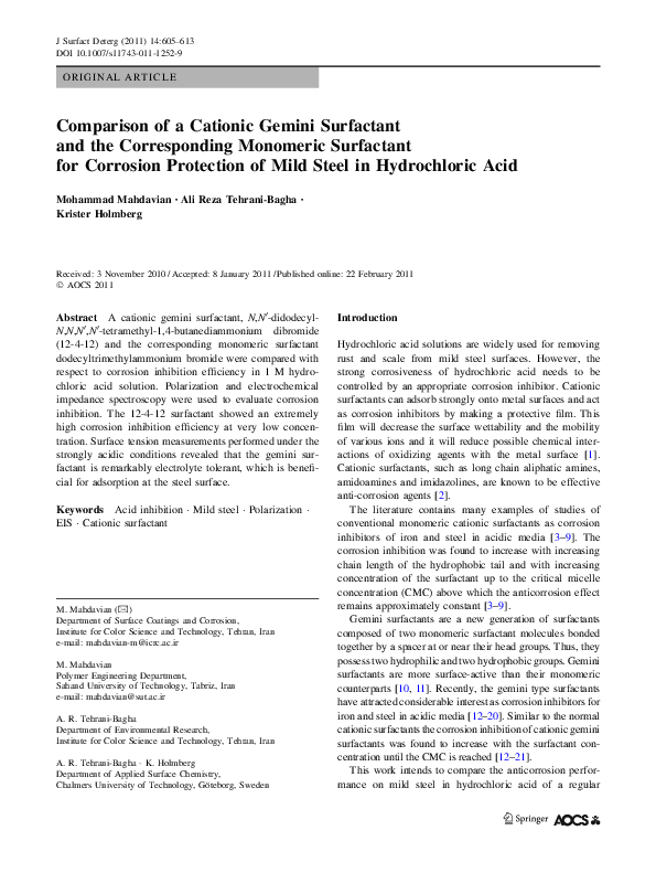 (PDF) Comparison of a Cationic Gemini Surfactant and the Corresponding ...