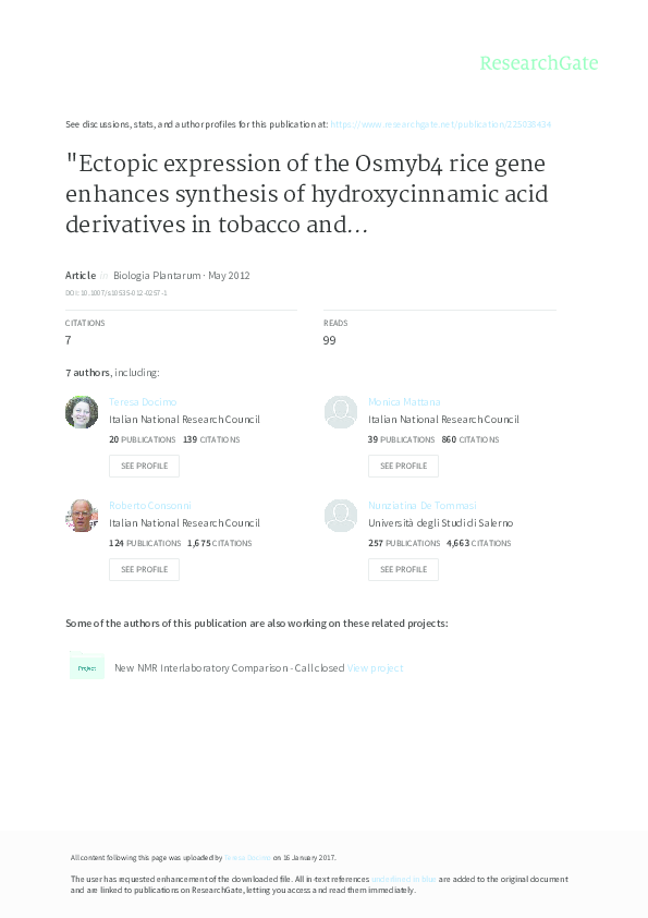 (PDF) Ectopic expression of the Osmyb4 rice gene enhances synthesis of ...