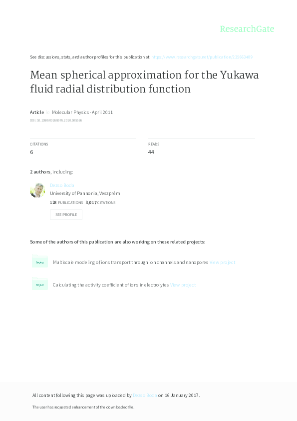 (PDF) Mean spherical approximation for the Yukawa fluid radial