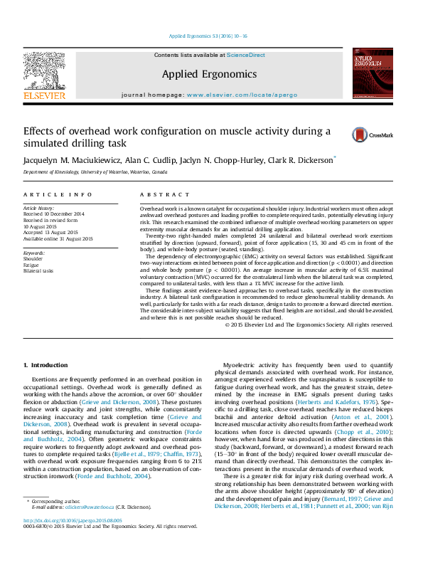 (PDF) Effects of overhead work configuration on muscle activity during ...