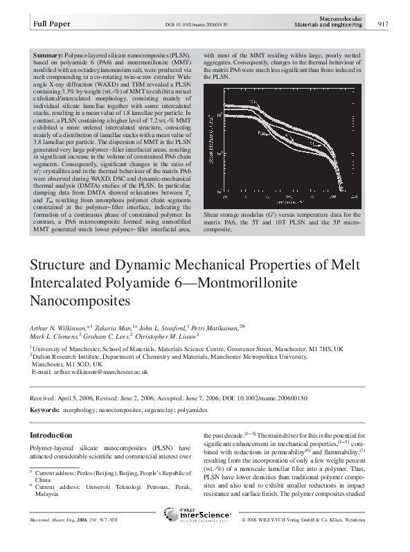 (PDF) Structure and Dynamic Mechanical Properties of Melt Intercalated ...