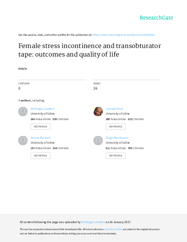 (PDF) Female stress incontinence and transobturator tape and