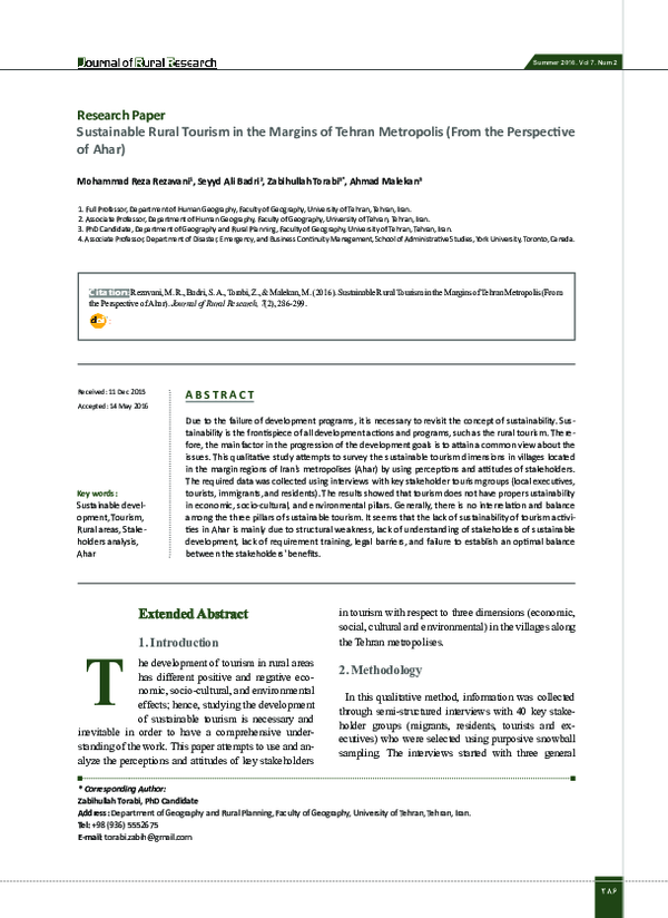 (PDF) Sustainable Rural Tourism in the Margins of Tehran Metropolis ...