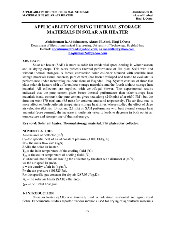 (PDF) APPLICABLITY OF USING THERMAL STORAGE MATERIALS IN SOLAR AIR HEATER