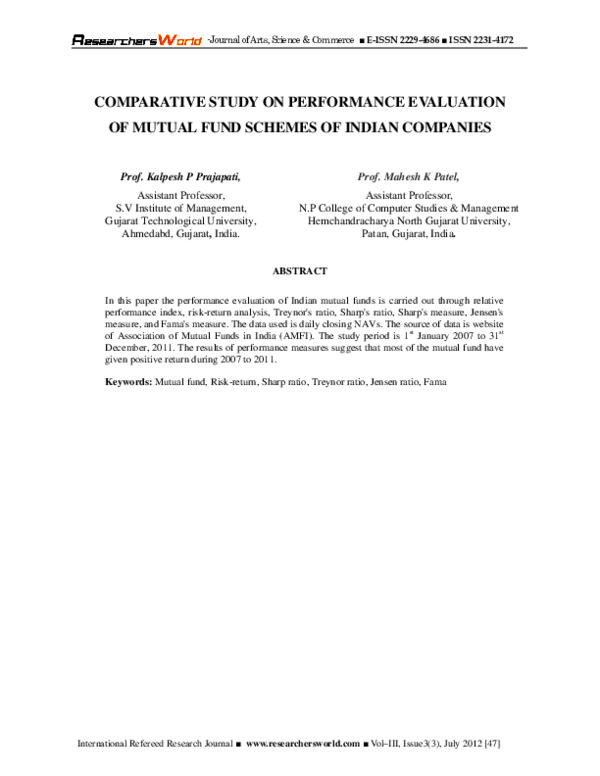Pdf A Study On Performance Evaluation Of Mutual Funds Schemes In Pdf A Study On Performance Evaluation Of Mutual Funds Schemes In