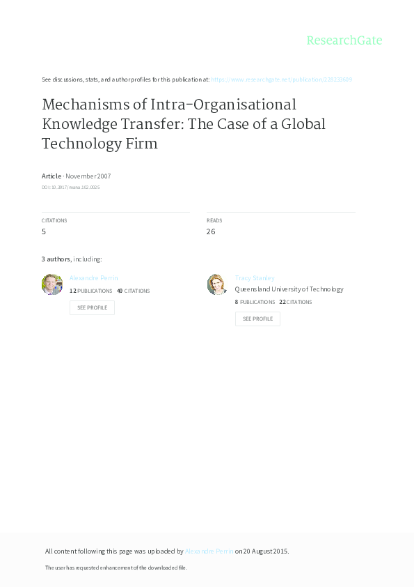 (PDF) Mechanisms of Intra-Organisational Knowledge Transfer: The Case ...