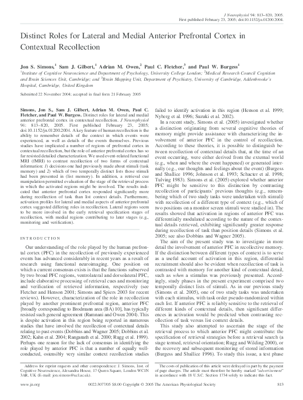 (PDF) Distinct Roles for Lateral and Medial Anterior Prefrontal Cortex ...