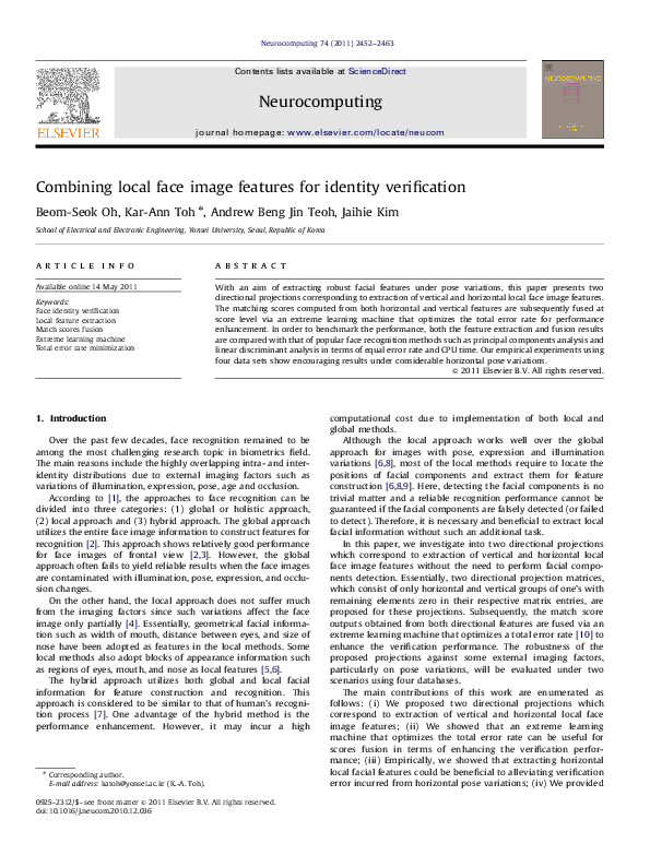 (PDF) Combining local face image features for identity verification