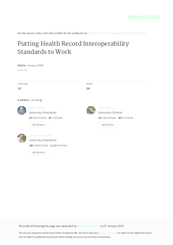 (PDF) Putting Health Record Interoperability Standards to Work