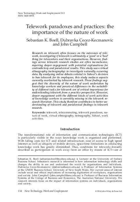 (PDF) Telework paradoxes and practices: the importance of the nature of ...