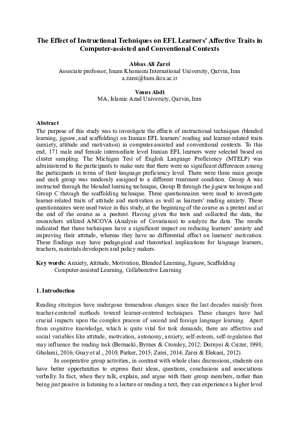 (DOC) The Effect of Instructional Techniques on EFL Learners' Affective ...