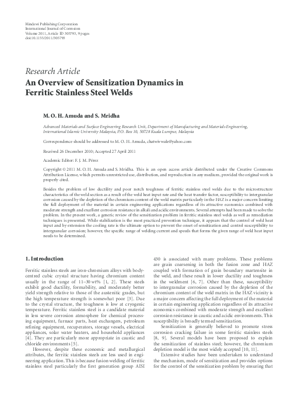(PDF) An Overview of Sensitization Dynamics in Ferritic Stainless Steel ...