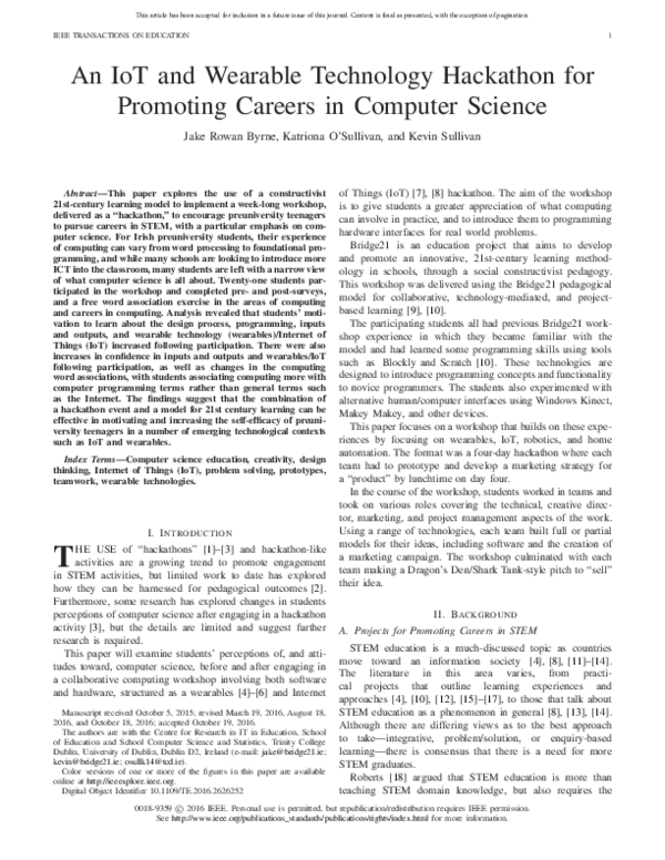 (PDF) An IoT and Wearable Technology Hackathon for Promoting Careers in