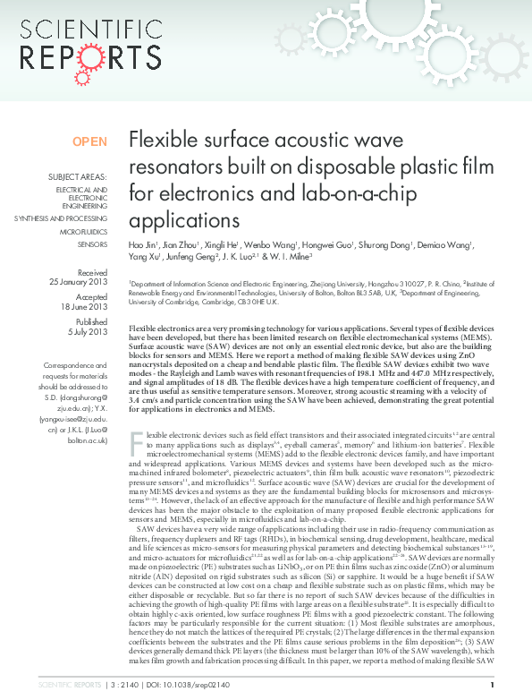 (PDF) Flexible surface acoustic wave resonators built on disposable ...