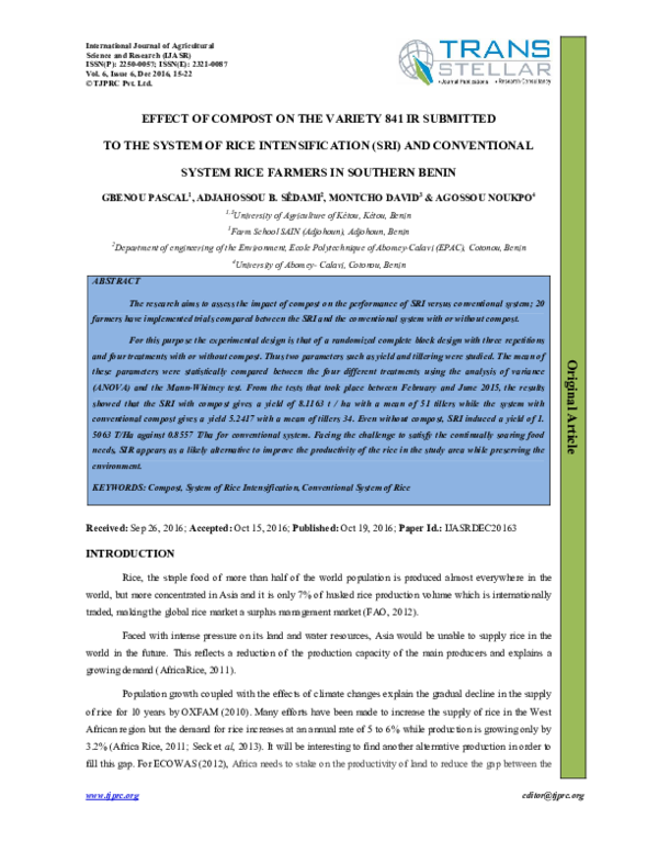 (PDF) EFFECT OF COMPOST ON THE VARIETY 841 IR SUBMITTED TO THE SYSTEM ...