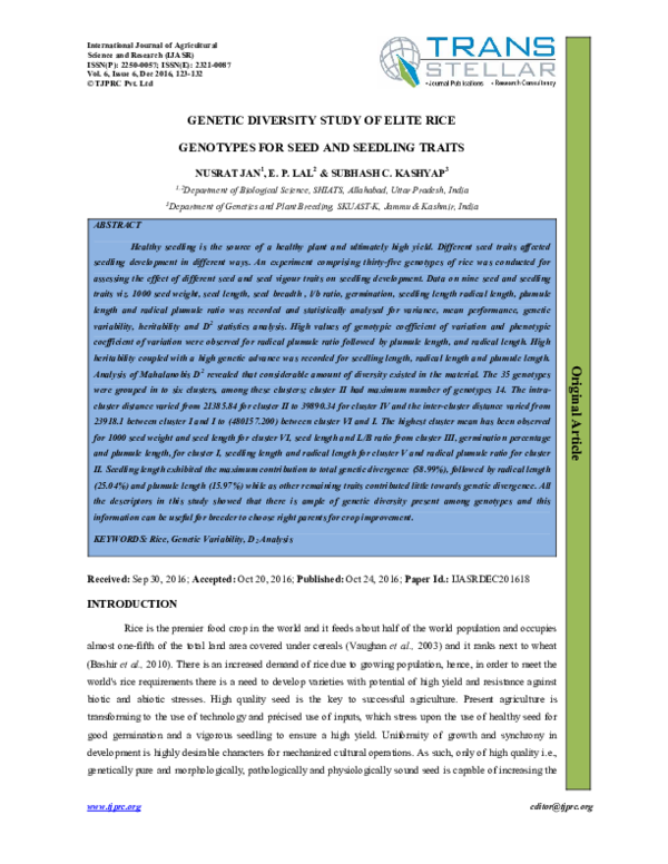(PDF) GENETIC DIVERSITY STUDY OF ELITE RICE GENOTYPES FOR SEED AND ...