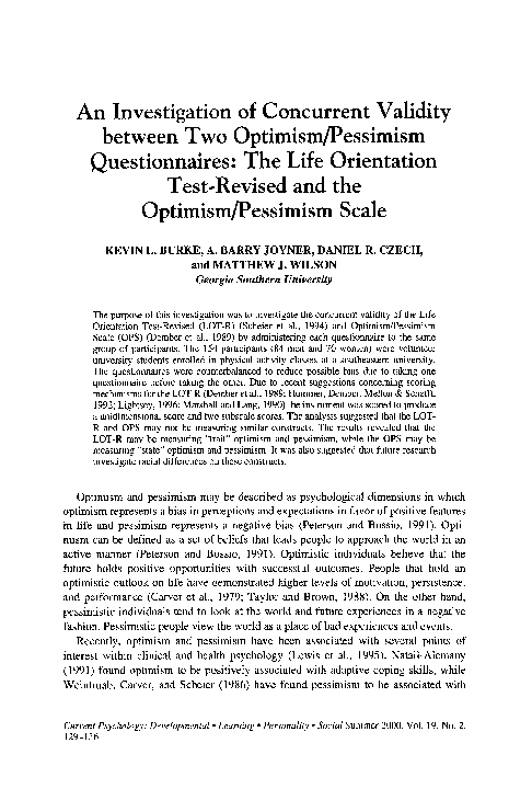 (PDF) An Investigation of Concurrent Validity Between Two Optimism ...