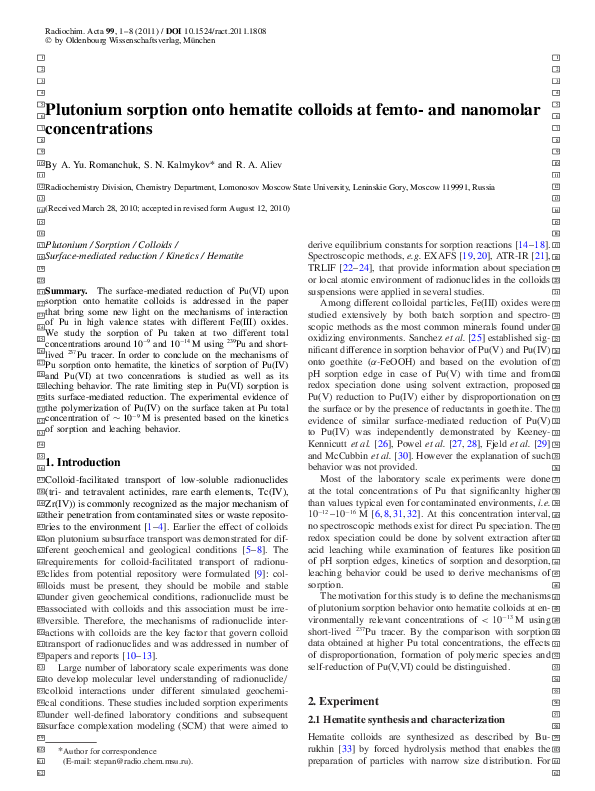 (PDF) Plutonium sorption onto hematite colloids at femto- and nanomolar ...