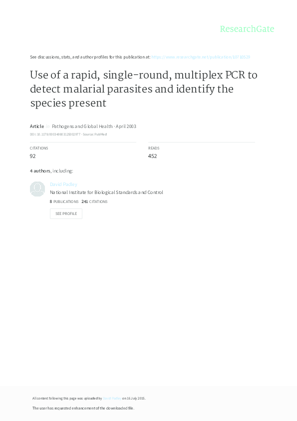 (PDF) Use of a rapid, single-round, multiplex PCR to detect malarial ...