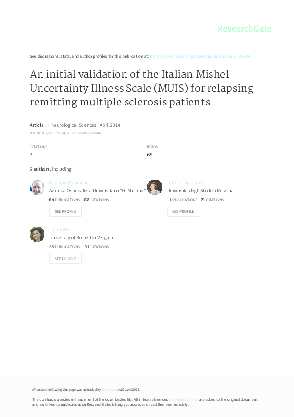 (PDF) An initial validation of the Italian Mishel Uncertainty Illness ...