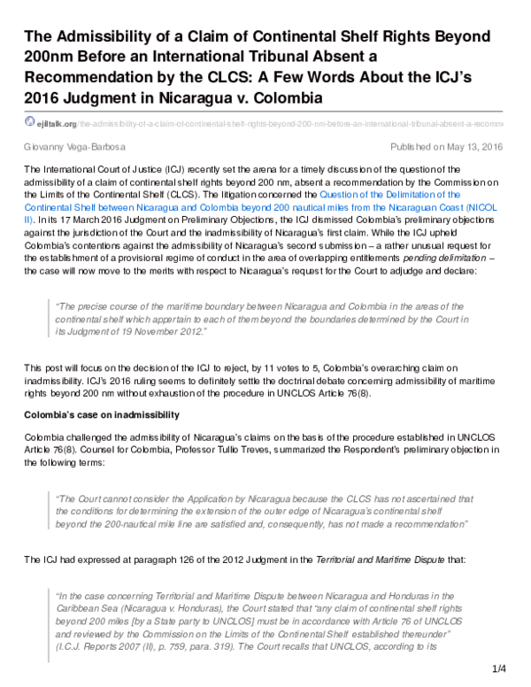 (PDF) The Admissibility of a Claim of Continental Shelf Rights Beyond