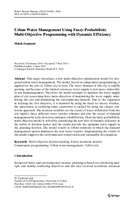 (PDF) Urban Water Management Using Fuzzy-Probabilistic Multi-Objective ...