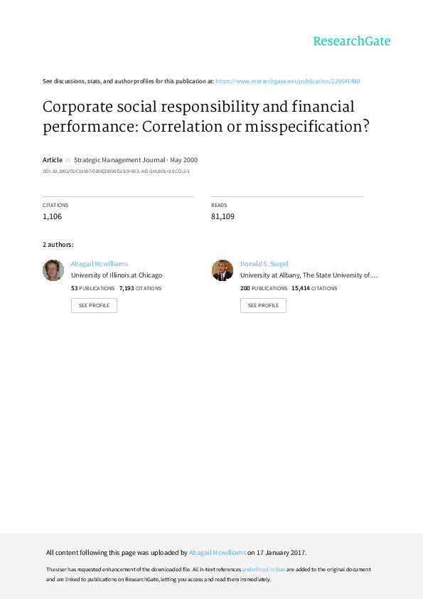 (PDF) Corporate social responsibility and financial performance ...