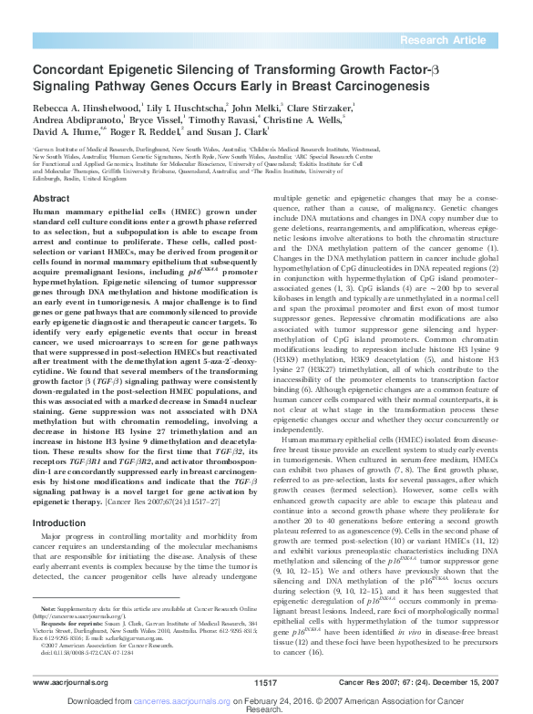 (PDF) Concordant Epigenetic Silencing of Transforming Growth Factor ...