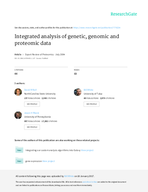 (PDF) Integrated Analysis of Genetic, Genomic and Proteomic Data