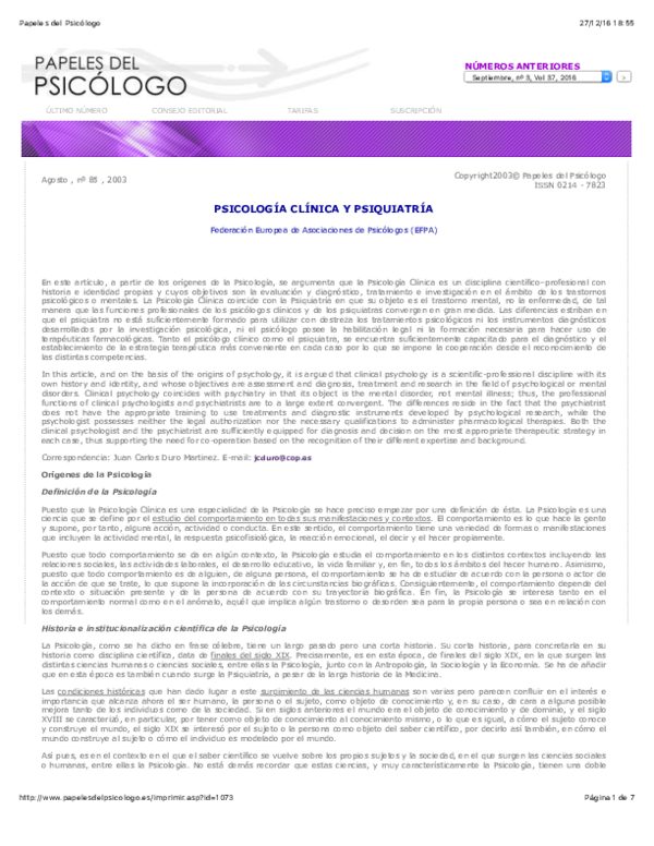 (PDF) PSICOLOGÍA CLÍNICA Y PSIQUIATRÍA Orígenes de la
