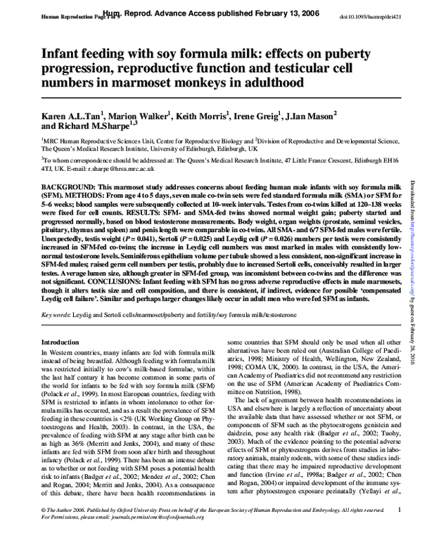 (PDF) Infant feeding with soy formula milk effects on puberty progression, reproductive